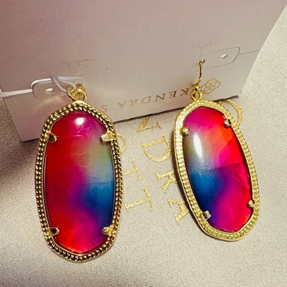 NWT [Kendra Scott] Elle Watercolor Illusion Iridescent Gold Frame Drop Earrings - Picture 5 of 8